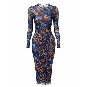 Fairy Blue Orange Swirl Marble Mesh Glitter Midi Bodycon Dress Plus 1X